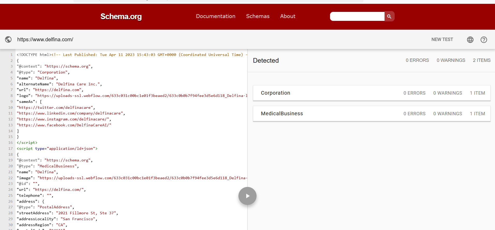 Schema.org validator result for a homepage showing zero errors and zero warnings across two structured data types.