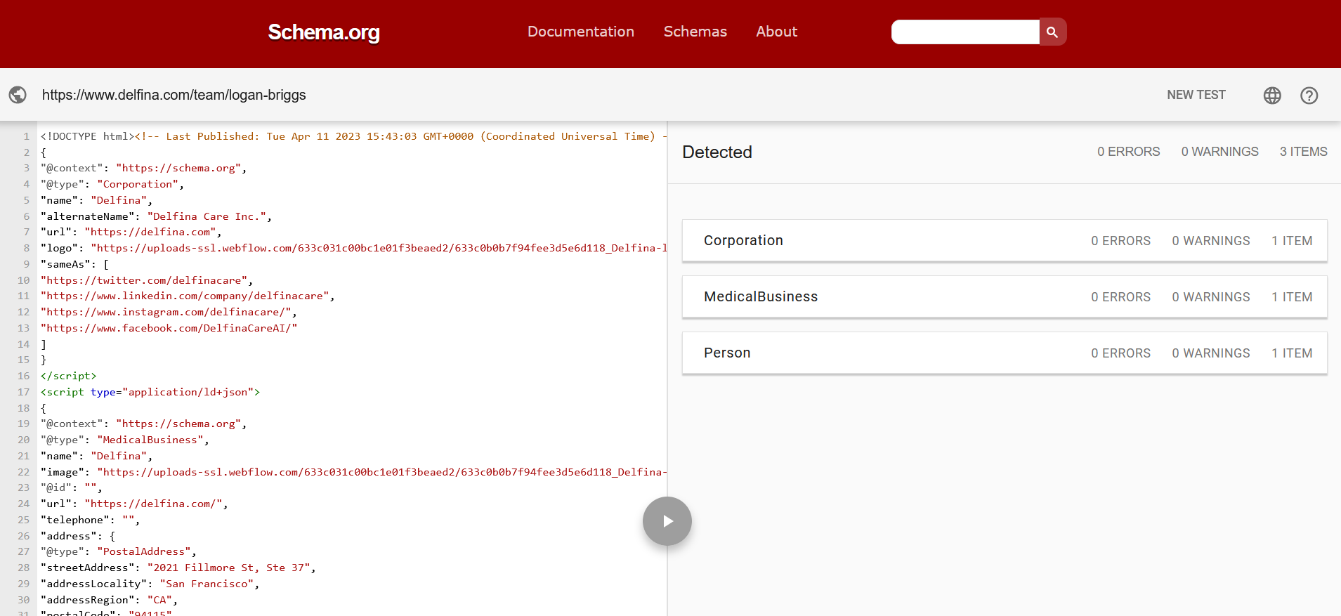 Schema.org validator result for a team member page showing Organization, business and Person structured data with zero errors.