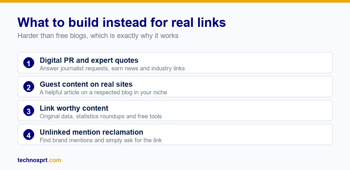 Four ways to earn real backlinks instead of web 2.0 links: digital PR and expert quotes, guest content, link worthy content, and unlinked mention reclamation